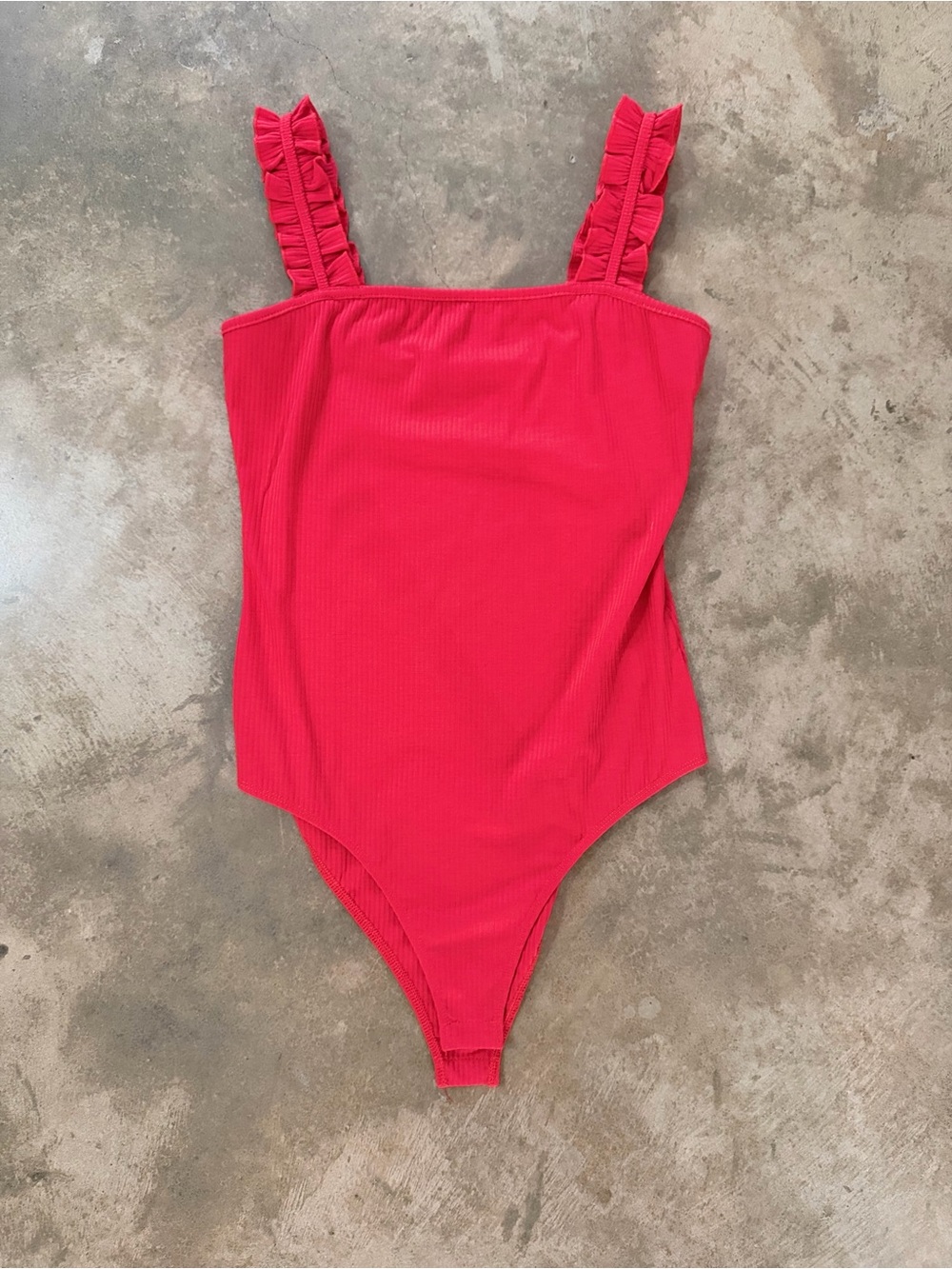 Heatherly Ribbed Red Bodysuit Ruffle Straps Snap Closure M